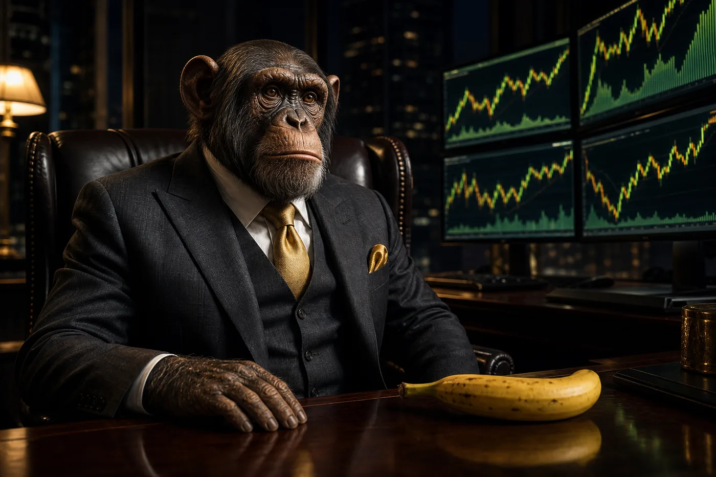 A chimpanzee in a tailored suit working at a financial trading desk, a single banana beside the monitors