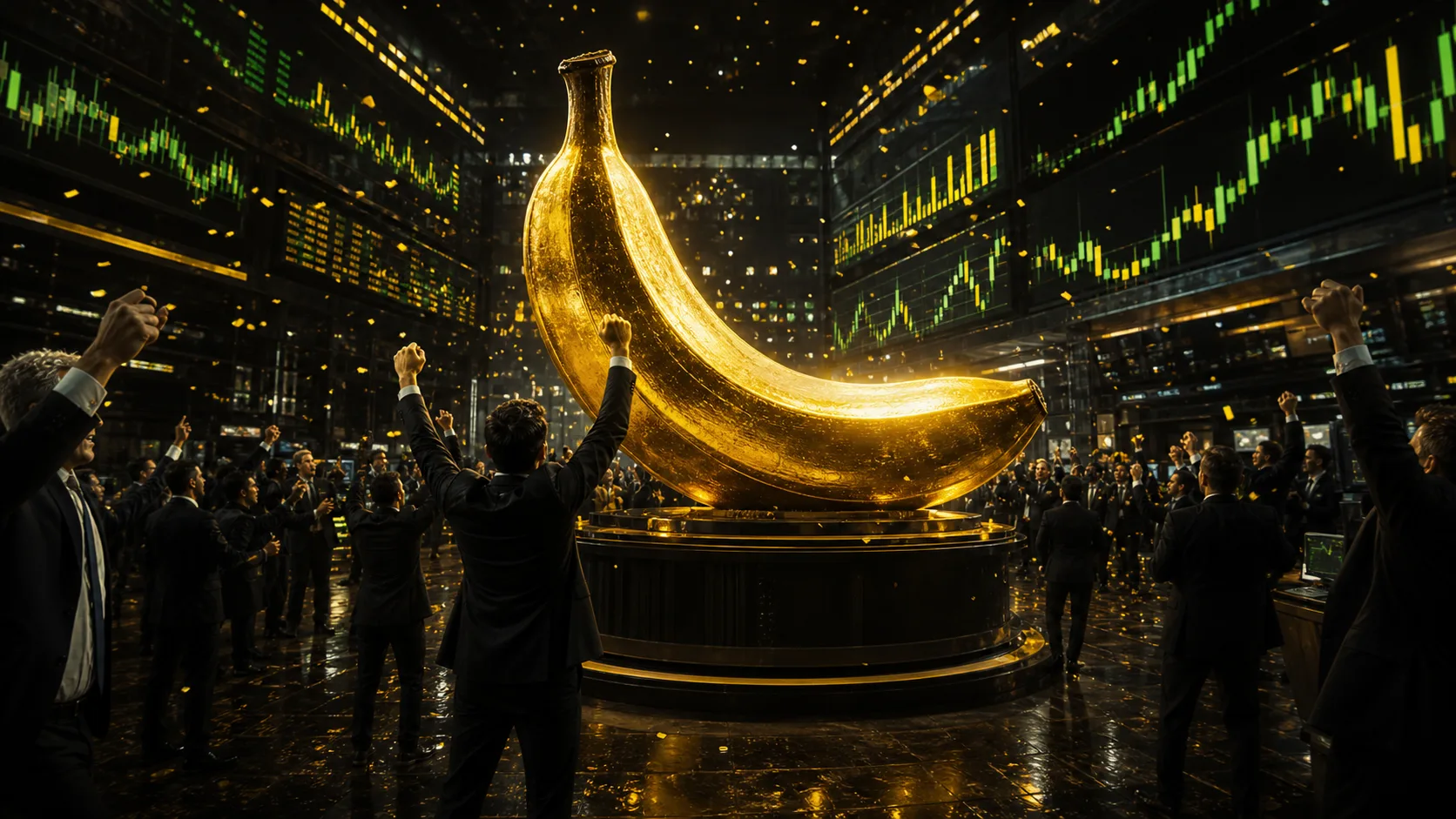 A giant golden banana monument on a trading floor surrounded by cheering traders