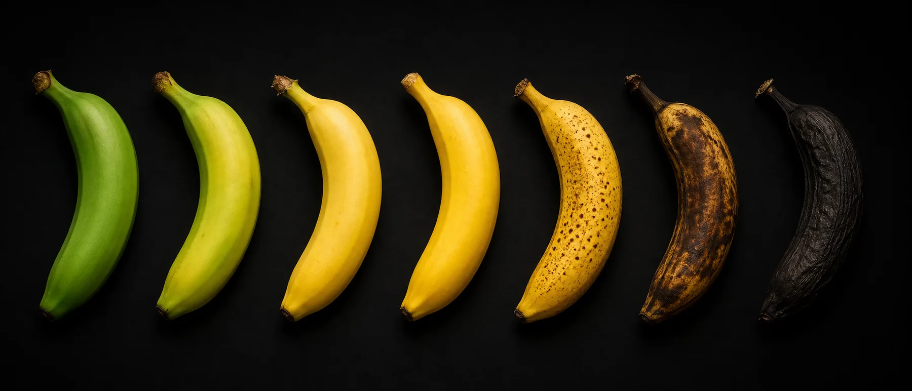 Seven bananas in a row showing ripeness progression from green to black, one per model, ordered by cost per run