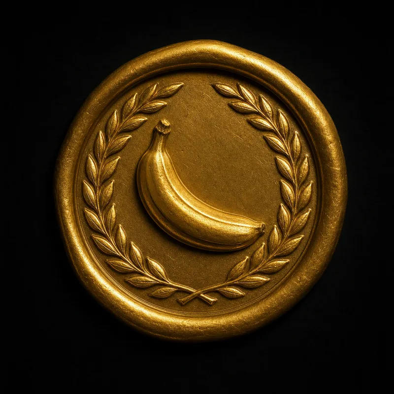 Gold seal embossed with a banana inside a laurel wreath