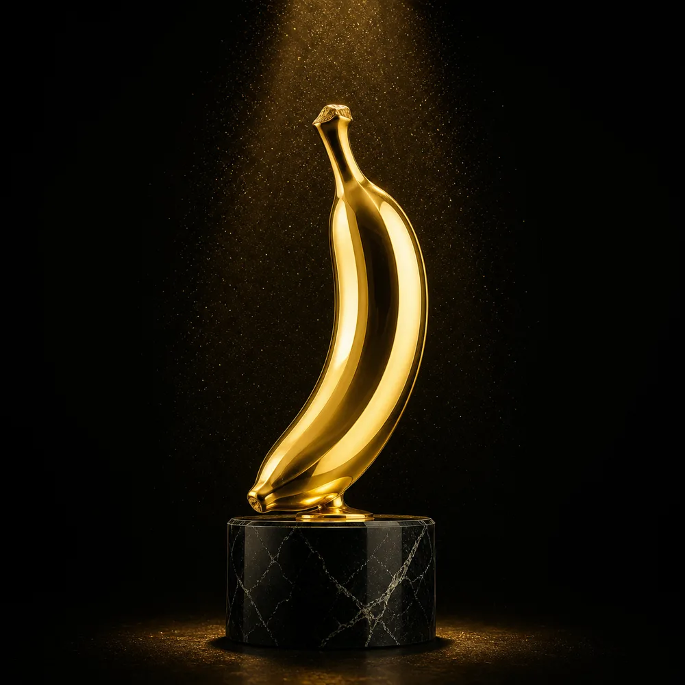 A solid-gold banana trophy on a black marble plinth under a spotlight